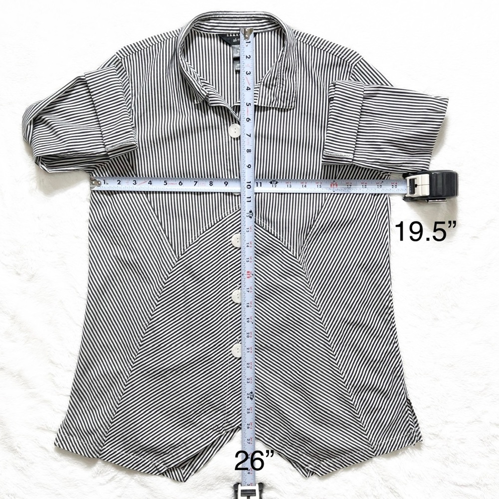 Ali Miles Black White Striped Asymmetrical Roll Tab Long Sleeve Buttondown Shirt - Picture 10 of 10